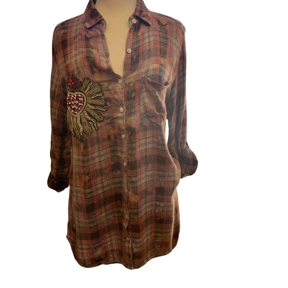 Pink Plaid distressed shirt with heart decal